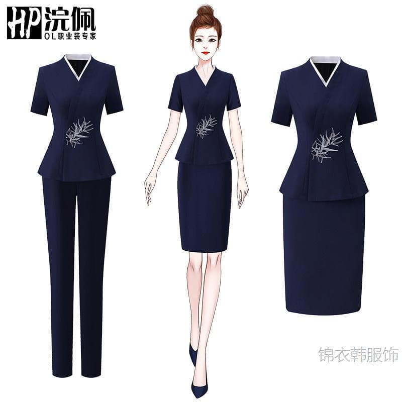 Women's Business Suit Set Summer Short-Sleeve V-Neck Embroidered Waist-Cinching, Sample House Exhibition Center Front Desk Customer Service