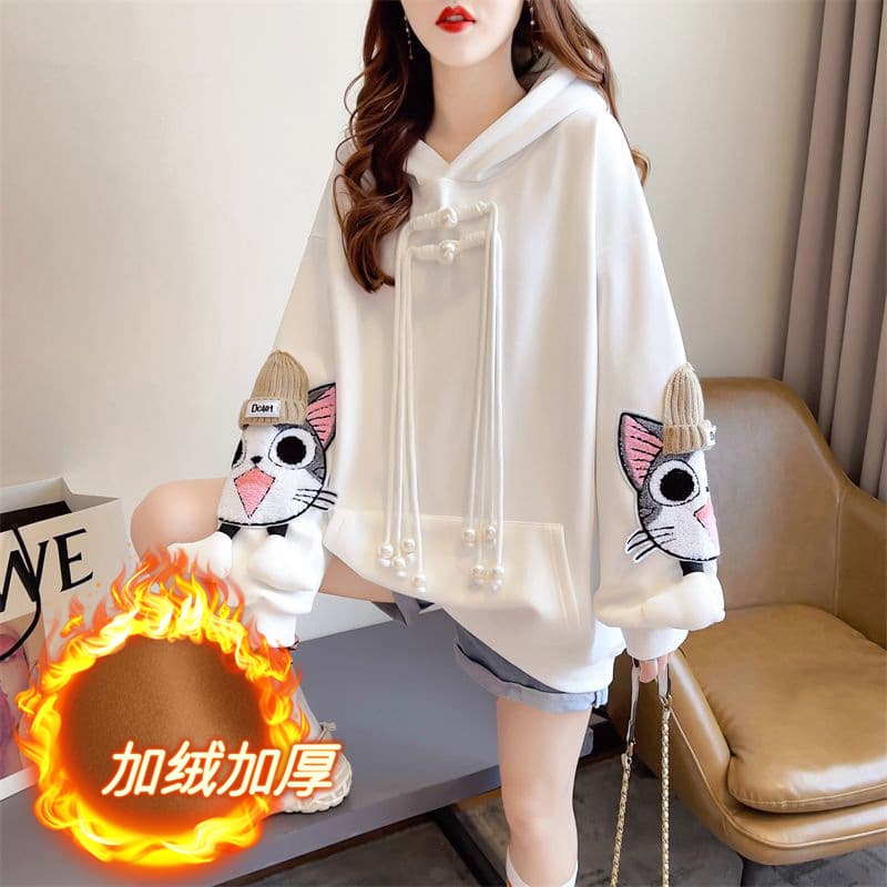 Fleece-lined and thickened women's sweatshirt for autumn and winter, Korean-style cute loose oversized design, niche versatile jacket.