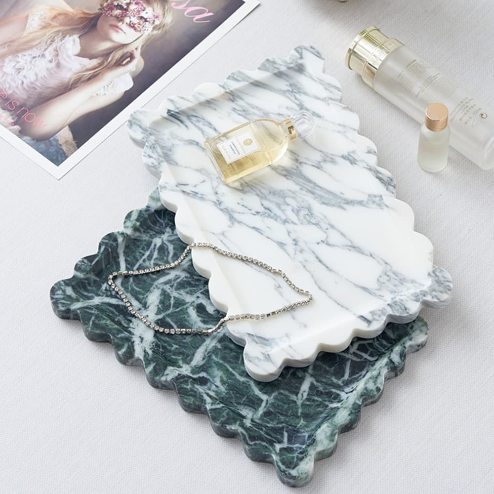 Luxury Natural Marble Scalloped Tray for Home Jewelry Cosmetic Storage, Bathroom Vanity Organizer