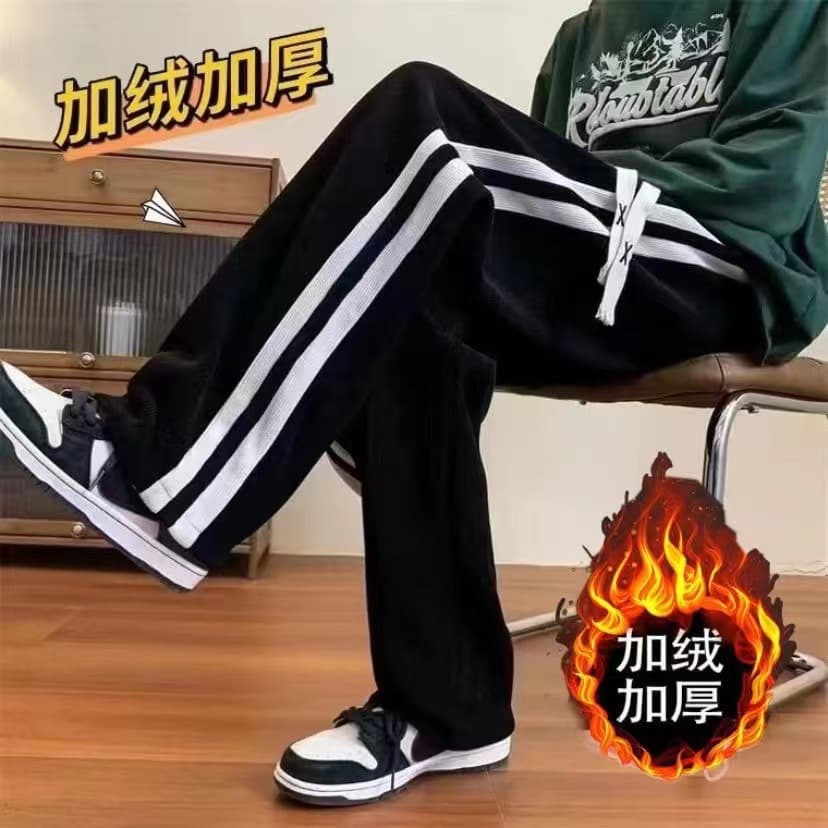 Winter Corduroy Pants for Men, American Style Loose Fit, Fleece-Lined Thickened Casual Striped Straight Leg Couple Wide Leg Pants