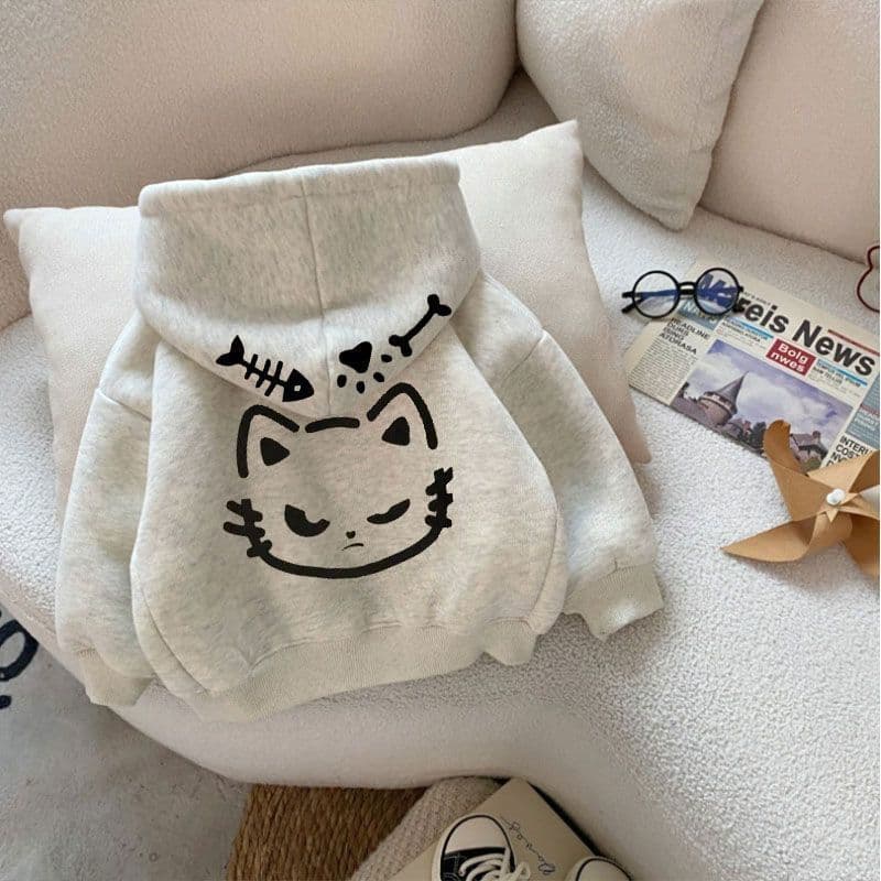 Autumn and winter children's sweatshirts new style velvet thickened warm tops for boys and girls, small and medium-sized children's cat simple print children's fashion