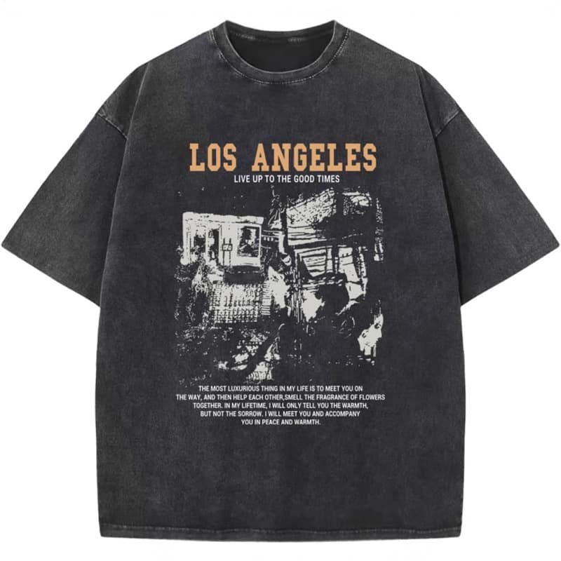 European Size Cotton Acid Wash Men's T-Shirt Street Style Los Angeles Pattern Casual round Neck Short Sleeve Printed T-Shirt