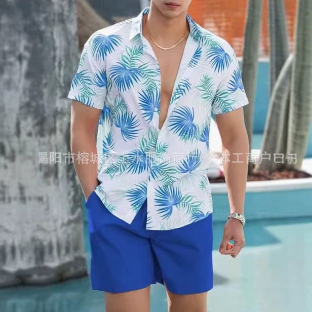 Shein Hawaii New Men's Shirt Tropical Print Vacation Casual Men's Summer Beach Short-Sleeved Shirt for Men
