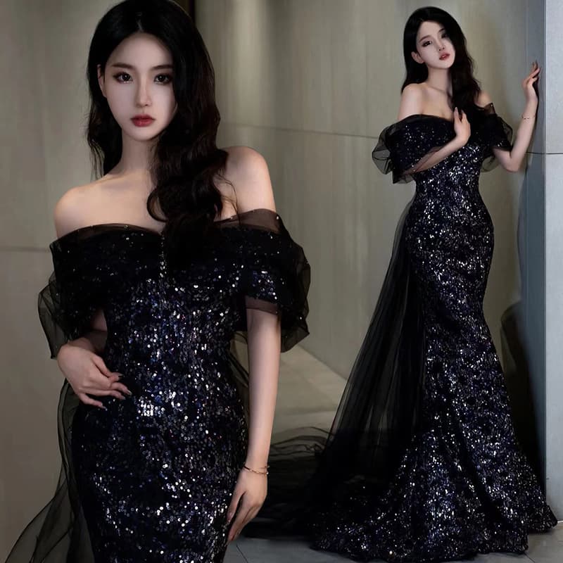 Fish Tail Evening Gown 2026 New French Light Luxury Unique Elegant Runway Performance Dress One-Shoulder Black