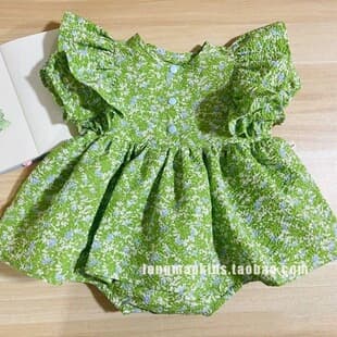 Ins Style Baby Bodysuit Dress Green Ruffled Floral Print Baby Girls Summer Korean Baby Romper Thin