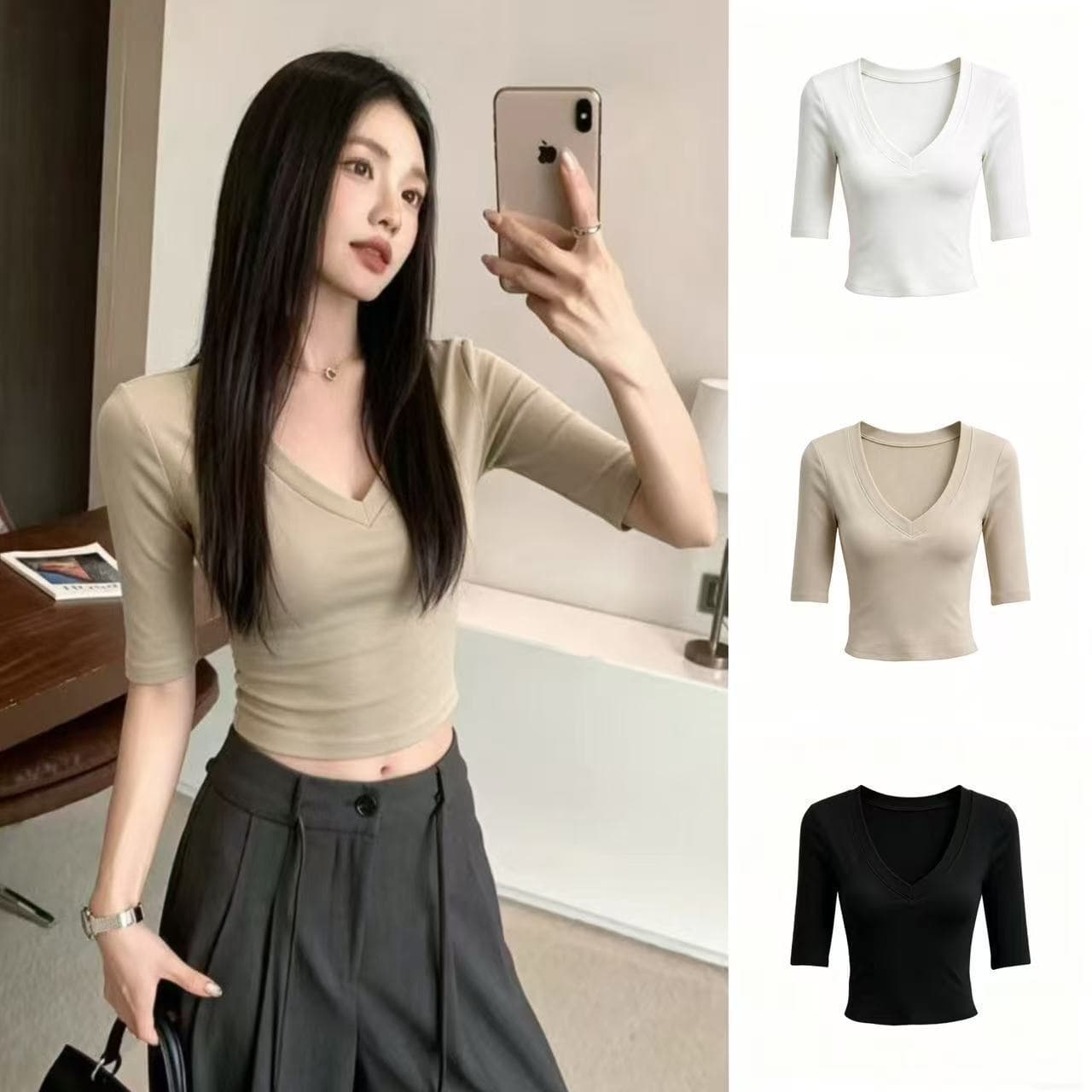 Trendy V-Neck Short-Sleeve T-Shirt for Women, Summer New Slim-Fit Versatile Tight-Fitting Short Top with Five-Quarter Sleeves