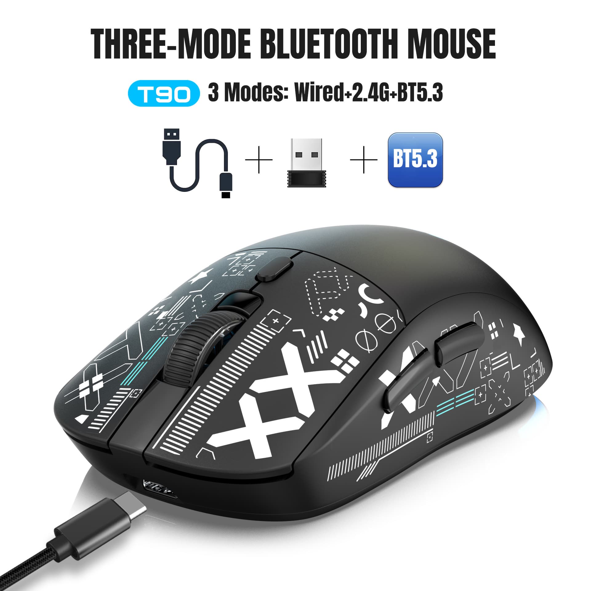 Tri-Mode Silent Wireless Mouse, 2.4G / Wired / BT5.3, Water Transfer Printing, 3600dpi, Rechargeable Gaming Mouse, Stock Available