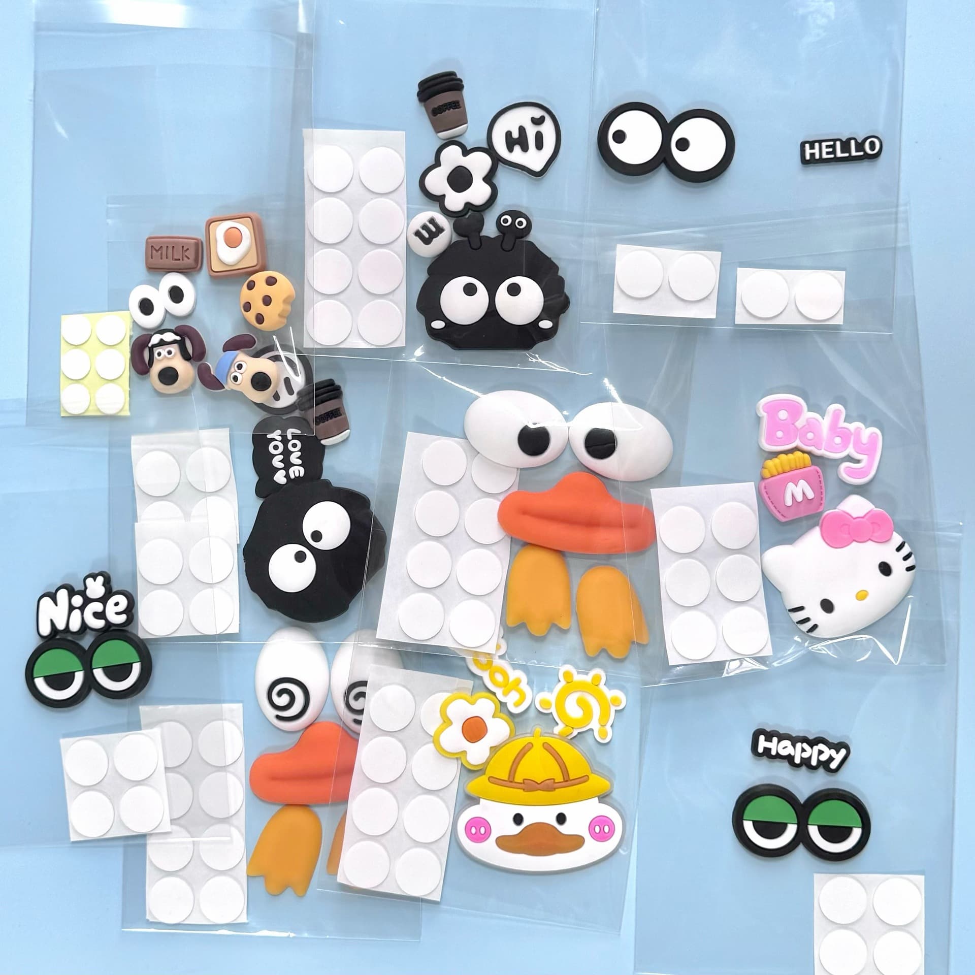 Cute cartoon PVC soft rubber stickers and accessories, residue-free adhesive kit, DIY home decor, refrigerator magnets, phone and tablet cases, and ornaments.