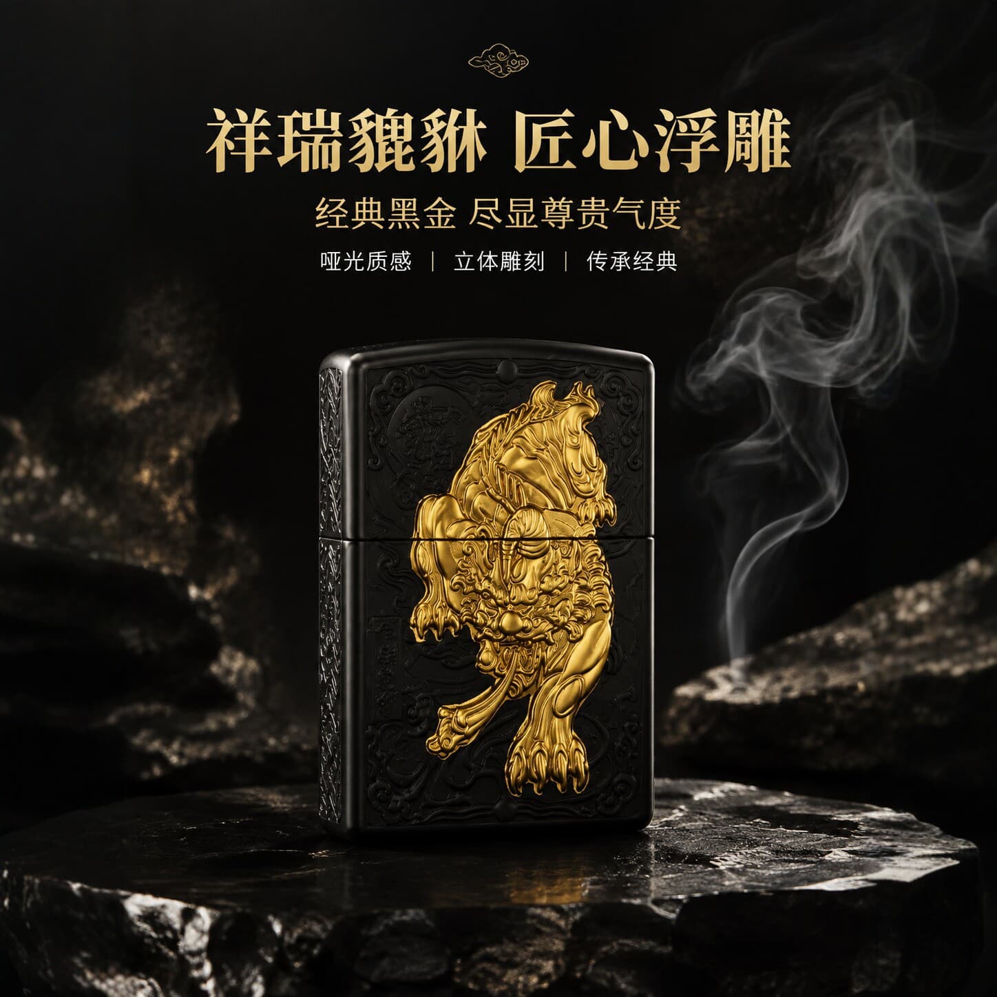 Premium Black-Gold Pixiu Five-Sided Relief Kerosene Lighter, Windproof Metal Lighter, Chinese Trendy Creative Gift
