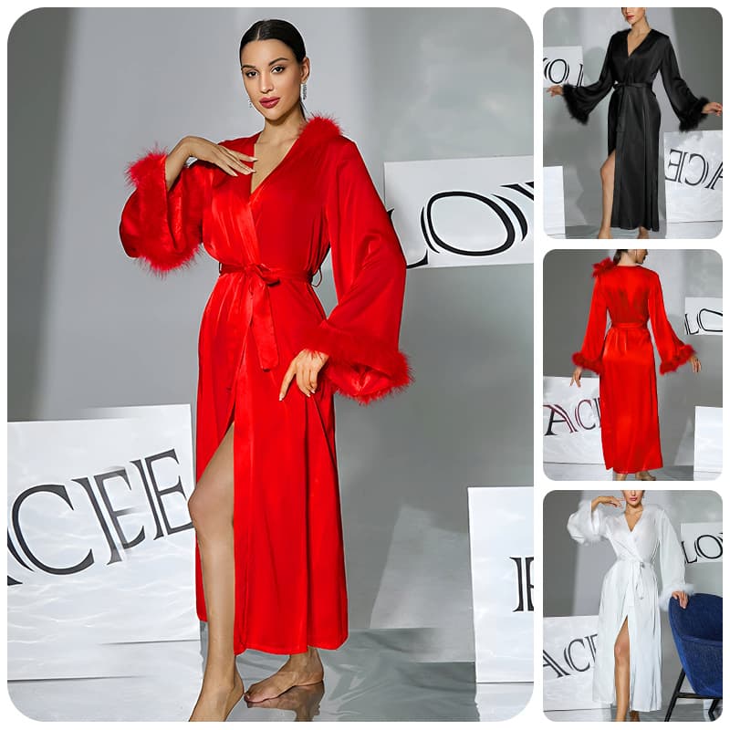 Cross-Border European and American Style Sexy Light Luxury Women's Satin Nightgown with Fur Cuffs, Long Split Design, Can Be Worn Outside as Loungewear 1141