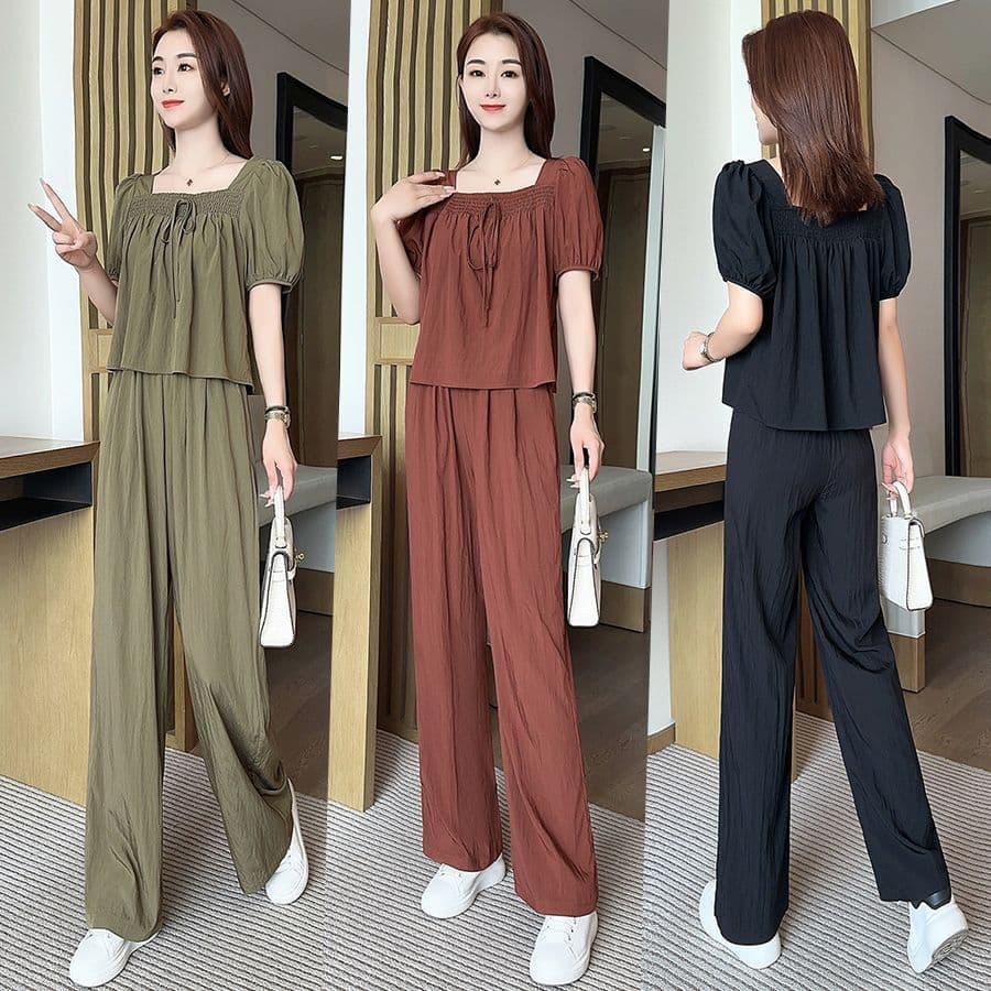 Casual Short Sleeve Wide Leg Pants Fashion Set Women's French Style Summer Loose Forest System Two Piece Set Comfortable Breathable