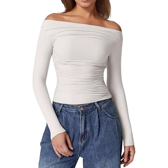 2025 New Women's Off-Shoulder Fitted Solid Color Ruffled One-Shoulder Long-Sleeve Sexy Top for Cross-Border EU & US Markets