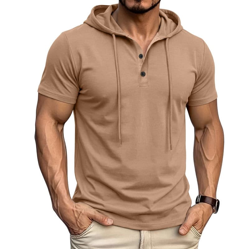 2026 Cross-Border Sports Fitness Men's Short-Sleeve T-Shirt, European and American Men's Hoodie Top, Foreign Trade American-Style Henley Shirt