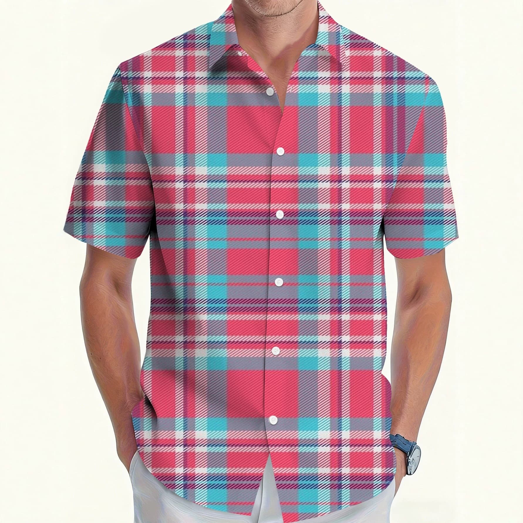Ouma original pink and blue plaid short-sleeved shirt for men summer loose large size casual shirt trendy design top