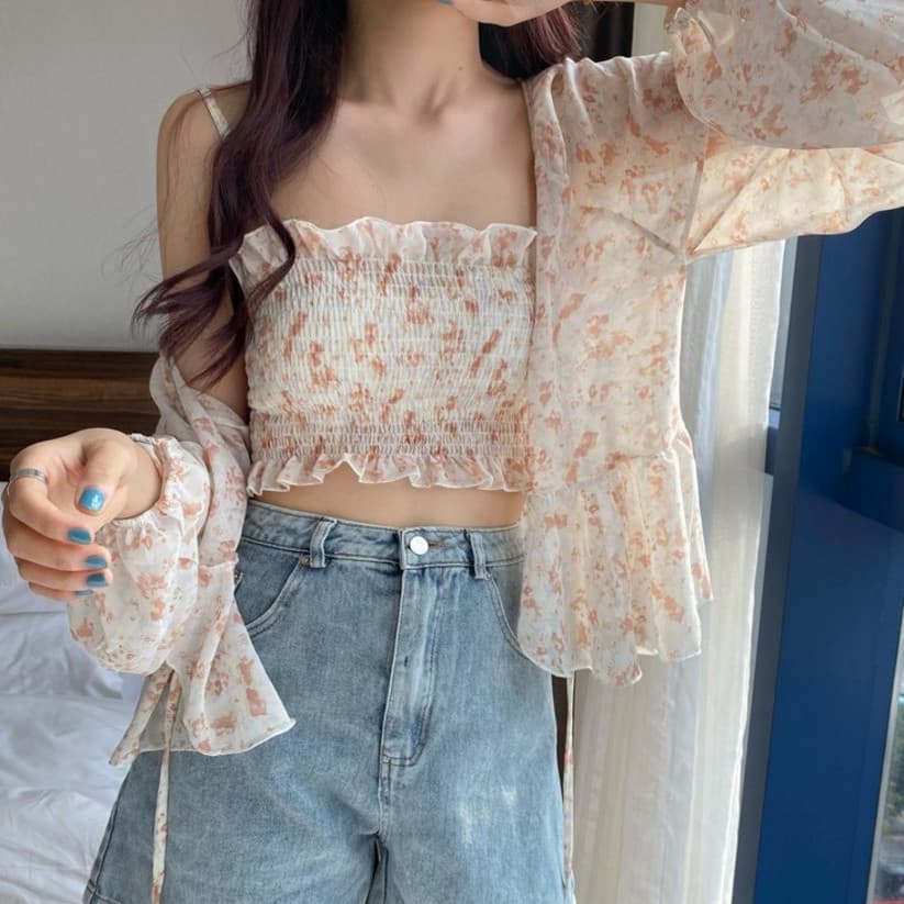 Women's Sun Protection Jacket/New Korean Style Ruffled Sun Protection Cardigan with Straps, Slim Fit Chiffon Sun Protection Clothing