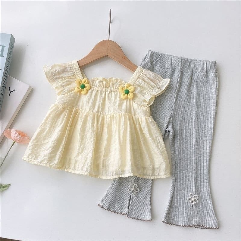 Fashionable Kids Trendy Top Korean-style Doll Blouse Baby Loose Short Sleeve Doll Blouse Top Floral Yellow Girl