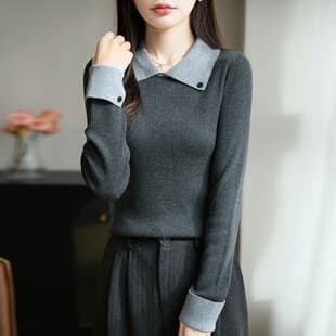 Worsted Wool Lapel Collar Knit Long Sleeve Women 2026 Autumn Winter New Contrast Color Slim Fit Base Top