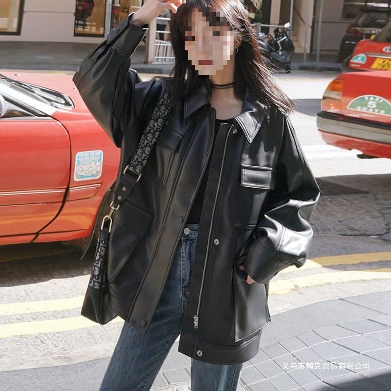 Hong Kong style leather jacket, Korean style, loose casual, spring, autumn and winter, cotton-padded leather jacket, motorcycle style, street style, mid-length top.