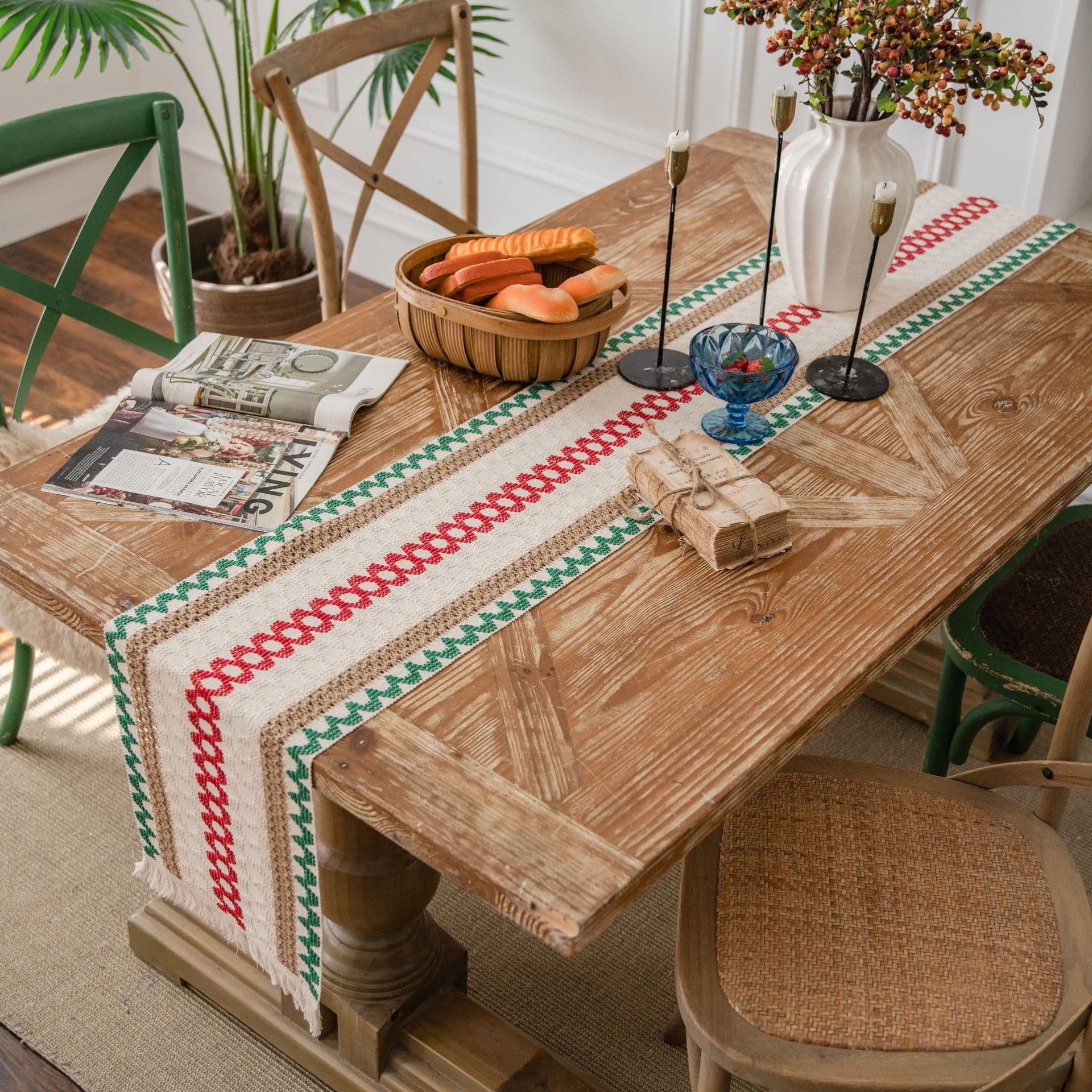 Qixin Table Runner Christmas Cotton Linen Striped Woven Tassel Natural Material American Style