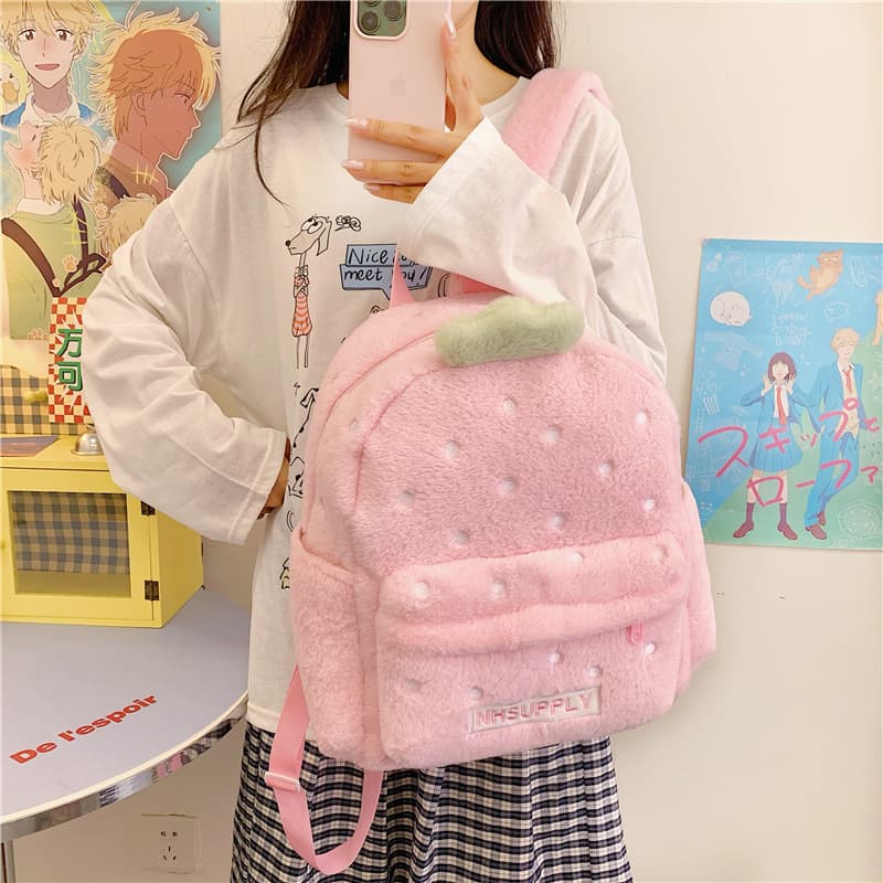 Autumn Winter Cute INS Style New Contrast Color Versatile Strawberry Backpack Girlish Large Capacity Backpack Versatile School Bag