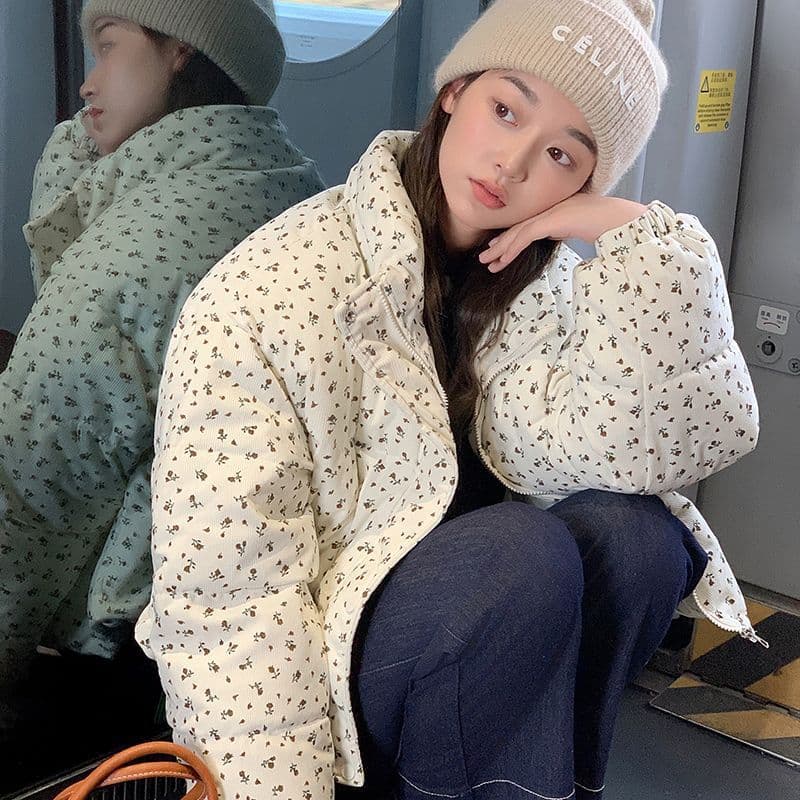 2025 Winter New Floral Print Cotton Coat Women Short Padded Puffer Jacket for Petite Stand Collar Soft Thick Sweet Bread Coat