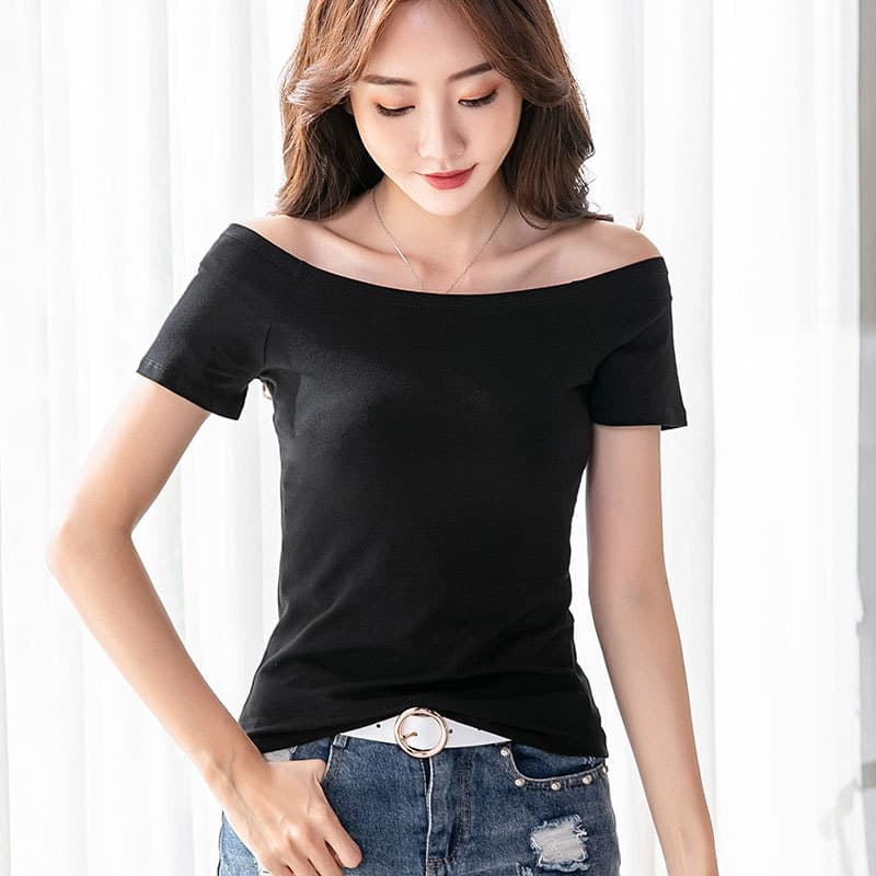 Korean Cotton Slim-Fit Short Sleeve Women's Off-Shoulder T-Shirt Top Fashion One-Shoulder Short Sleeve Undershirt 019