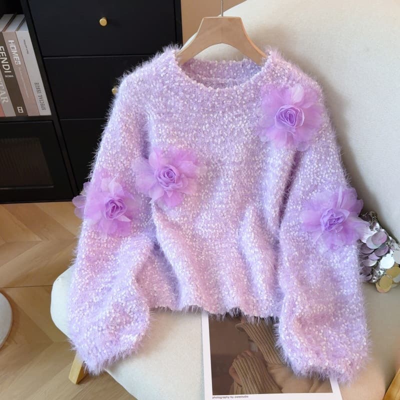 Chic and beautiful three-dimensional flower sweater bottoming shirt for women in autumn and winter new sweet and age-reducing imitation mink velvet soft waxy sweater