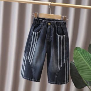 Boy's Pants, Autumn American Retro Washed Curved Denim Jeans, Three-Stripe Trim Patchwork Wide-Leg Pants, Straight-Leg Pants