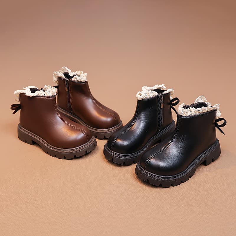 Girls' Sweet Stylish Lace Mid-Calf Small Leather Boots Winter New Children's British Style Single Boots Ankle Boots Princess Boots