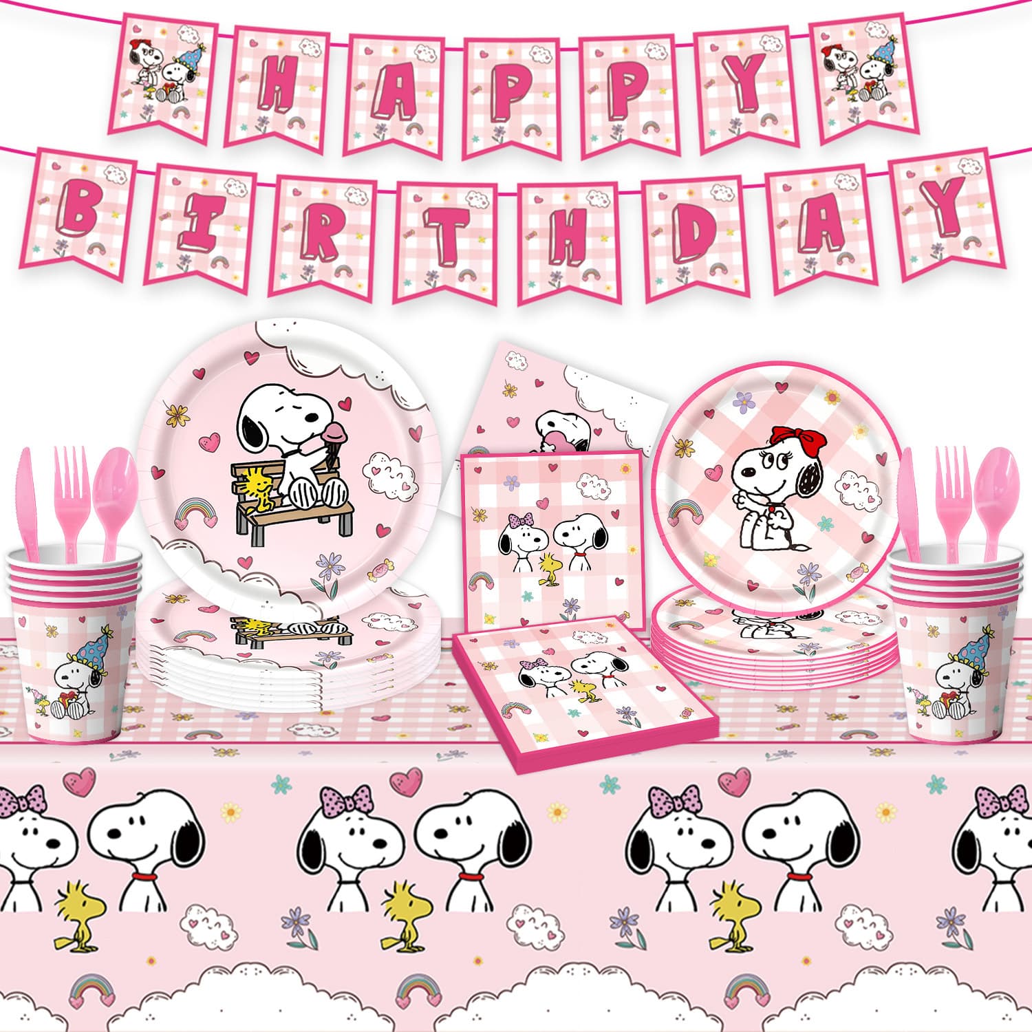 Cross-border Cartoon Pink Snoopy Theme Birthday Party Paper Cups, Paper Plates, Napkins, Tablecloth, Banner, and Venue Decorations