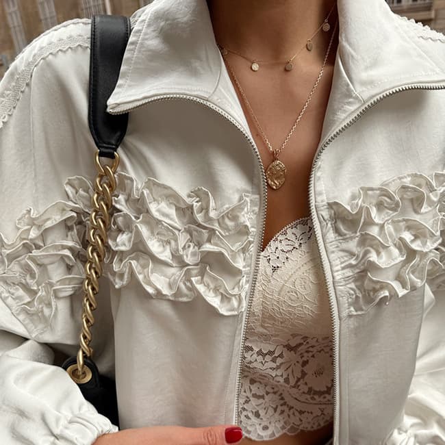 Korean Women's Short High-Quality Ins Fashionable Ruffled Trim Short-Sleeve Zip Drawstring Jacket