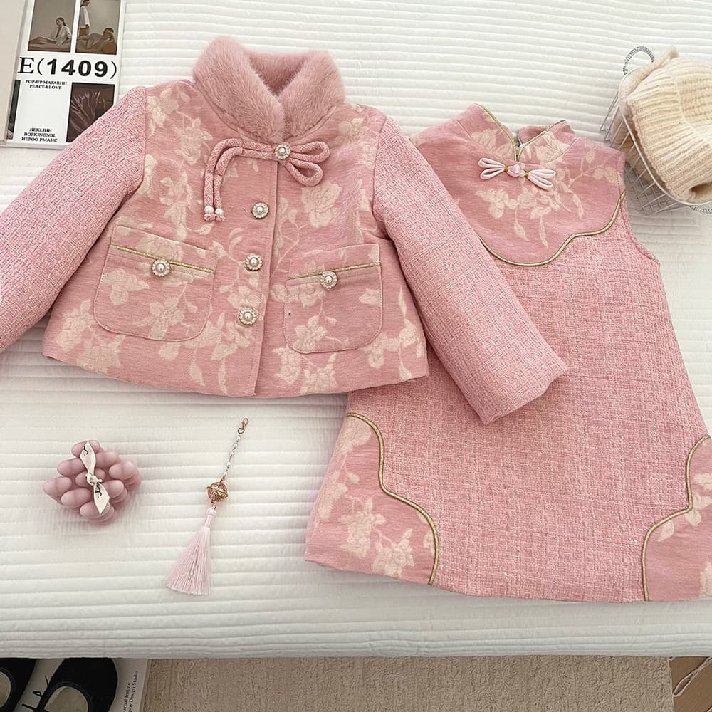 Girls' Thickened Chanel-Style Set Winter 2025 New Bow Lapel Coat Vest Dress Two-Piece Set