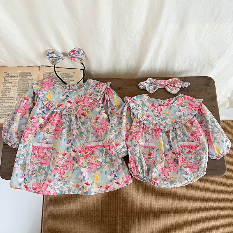 Floral Long Sleeve Baby Girl Dress Spring Autumn Winter Clothes Infant Sister Outfit Cotton Romper Suit Baby Clothes Set