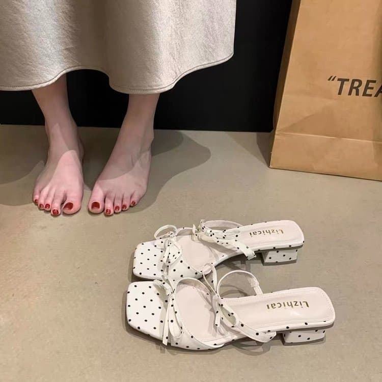 Polka Dot Bow Slide Sandals for Women 2026 Summer French Elegant Daily Wear Chunky Heel High Heel Casual Slippers