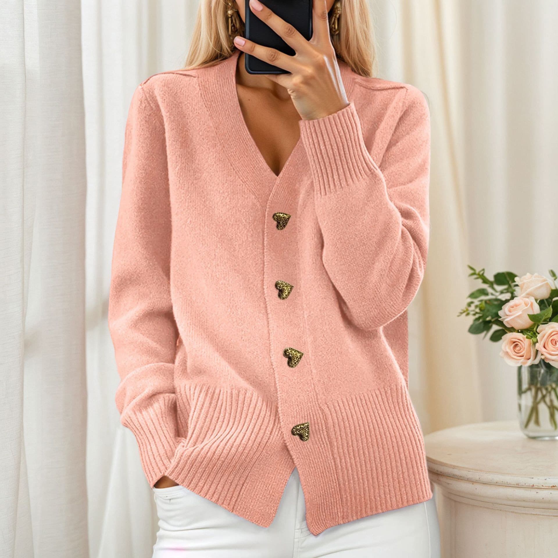 2025 foreign trade women's autumn and winter new solid color long-sleeved V-neck knitted cardigan love breasted sweater jacket for women