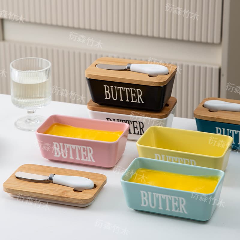 Ceramic butter box, rectangular butter airtight container, cutting and refrigerating box, cheese storage box with wooden lid, butter dish