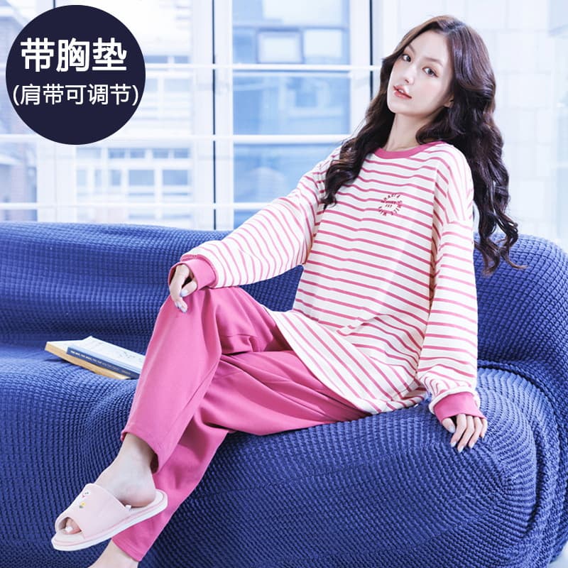 5A Antibacterial Sleepwear for Women Spring/Autumn Soft Cotton New with Built-in Bra Long Sleeve Long Pants Plus Size Homewear Can Be Worn Out
