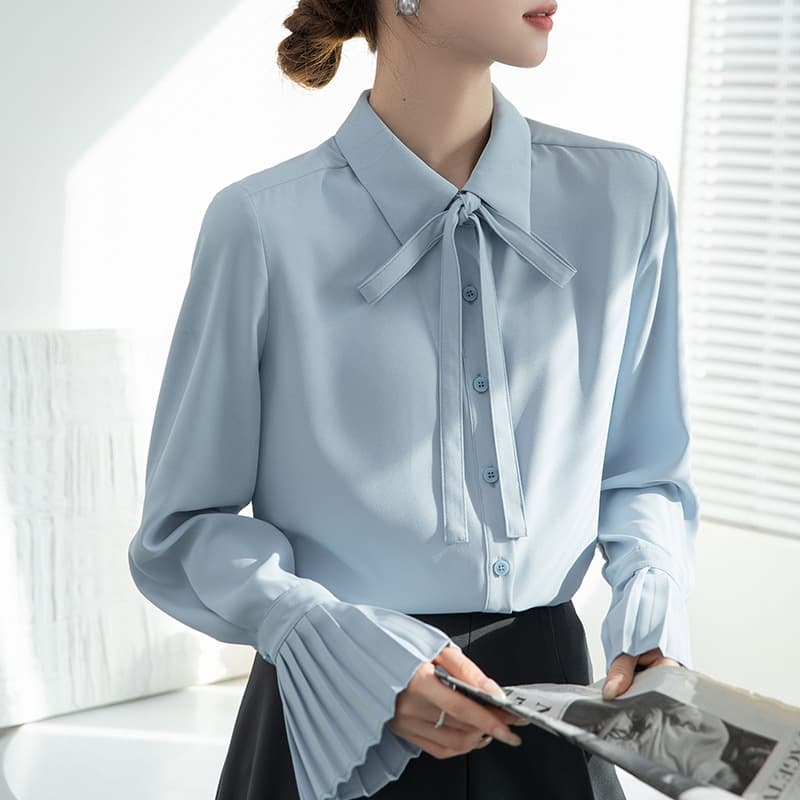 2025 New Style Blue Shirt with Phoenix Sleeves, Women's Spring Dress, Bow Tie, Professional Interview Outfit