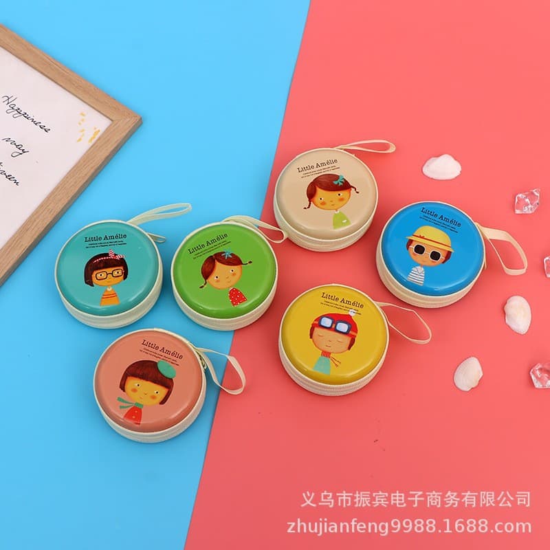 Cartoon Mini Tinplate Coin Purse Round Zipper Headphone Storage Bag Coin Key Bag Storage Box Wholesale