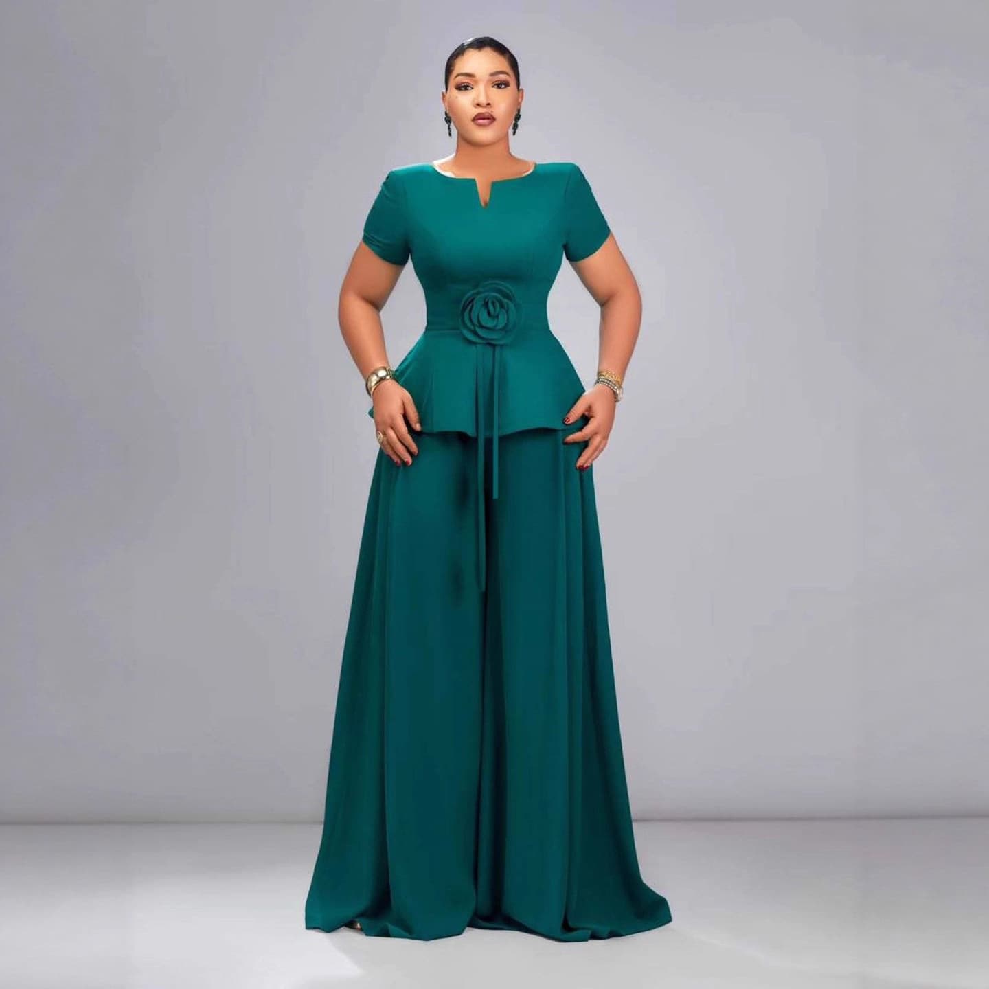 European and American Plus Size Women's Dark Green Short Sleeve Ruffle Hem 3D Floral Top Wide Leg Long Pants Set Dresses