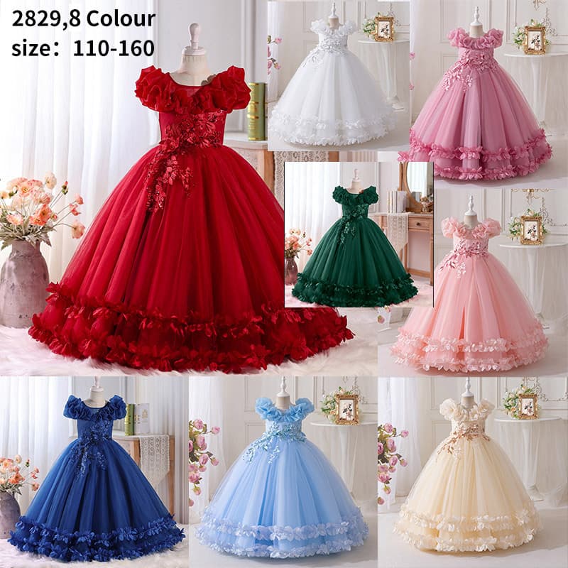 Cross-Border Foreign Trade Girls' Dress Elegant Embroidered Mesh Flower Girl Wedding Dress Evening Dress Catwalk Banquet Clothing Wholesale