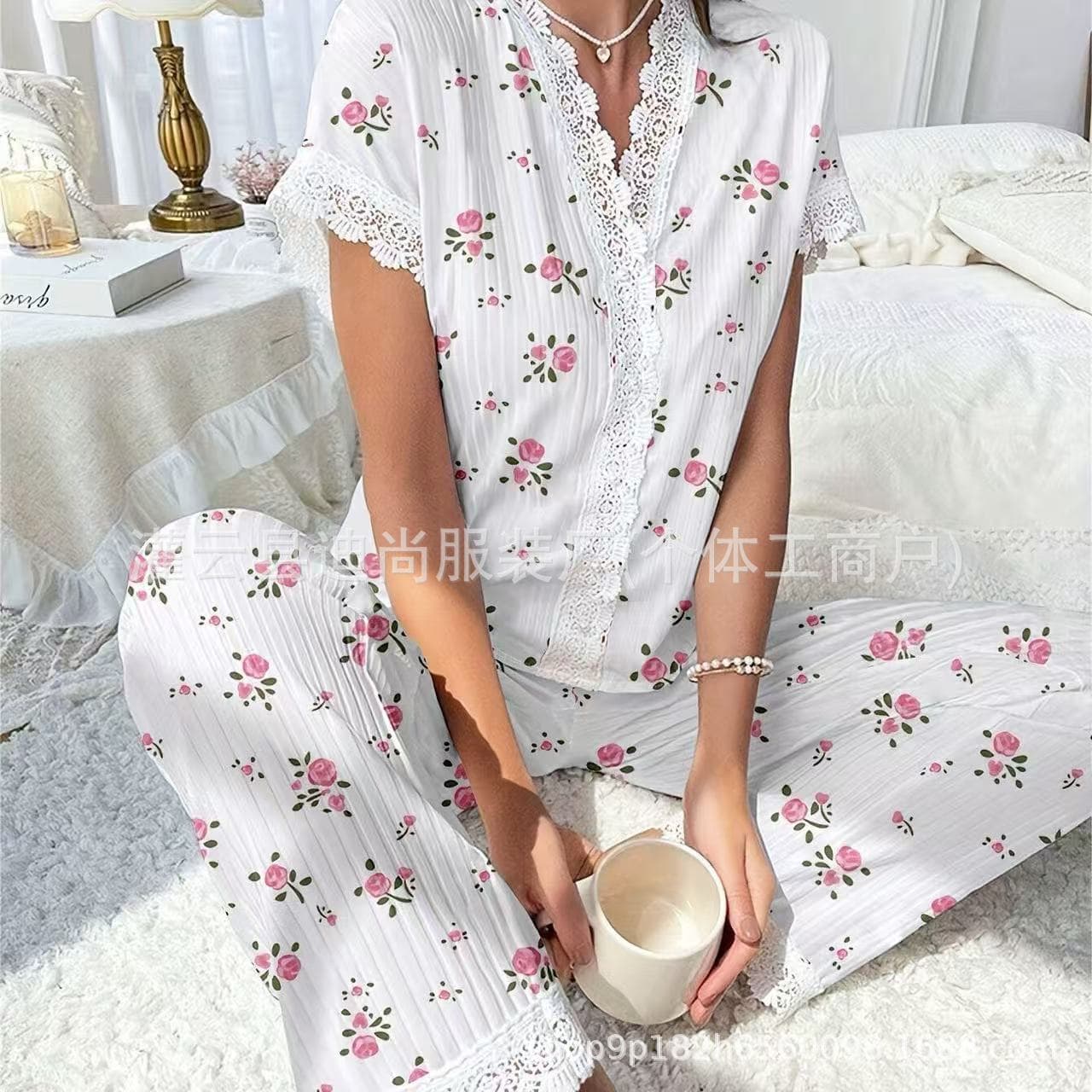 Cross-Border Hot-Selling European and American Style Women's Pajamas Lace Collar Printed Slim-Fit Long Pants Loungewear Can Be Worn Out Fashion