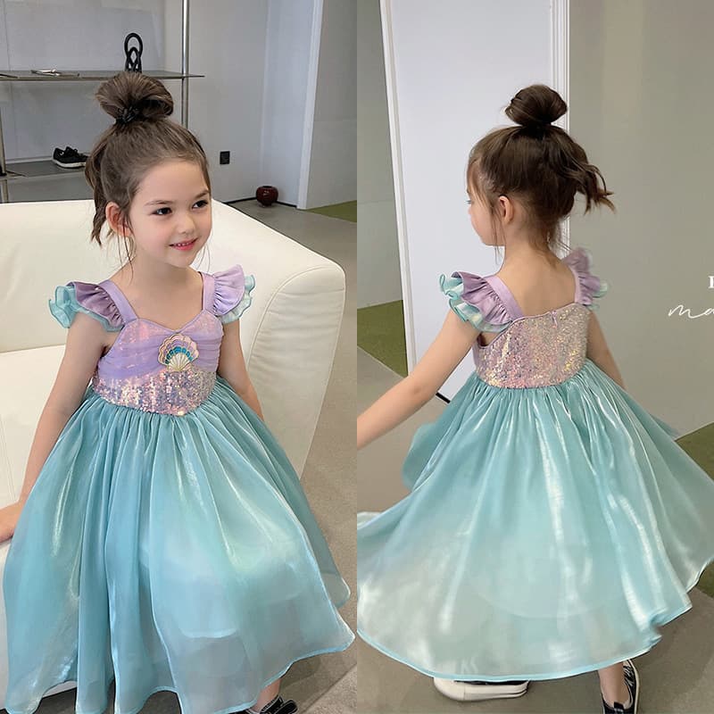 Girls Summer Mermaid Vest Dress Short Sleeve Princess Skirt Performance Costume Korean Style Cotton Blend Children's Fashionable Outfit