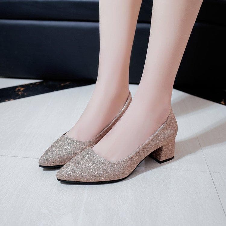 Silver Chunky Heel High Heels for Women, Pointed Toe Mid-Heel Dress Shoes for Annual Party, 5cm Sequined Sexy Elegant Party Shoes