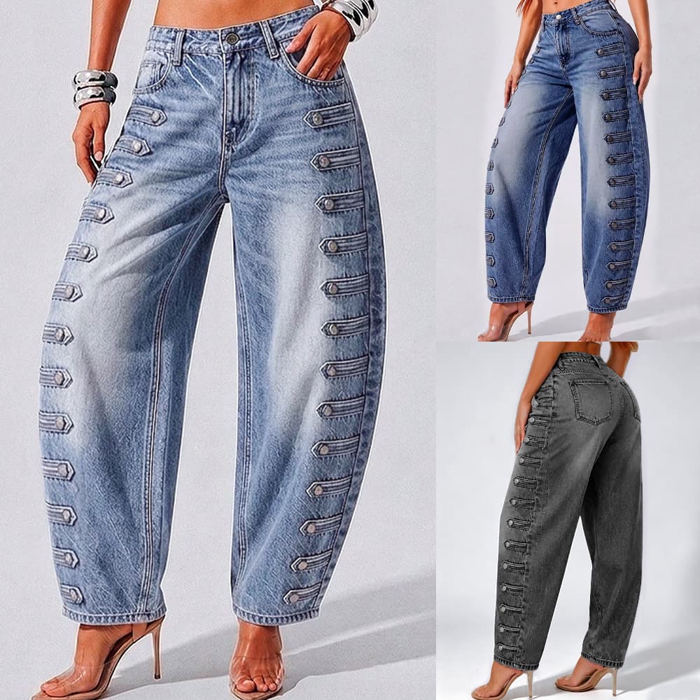 European and American Court Style High-Waist Curved-Cut Jeans for Women, Loose Fit, Slimming, Streetwear Trendy, Versatile Button-Fly Washed Long Pants