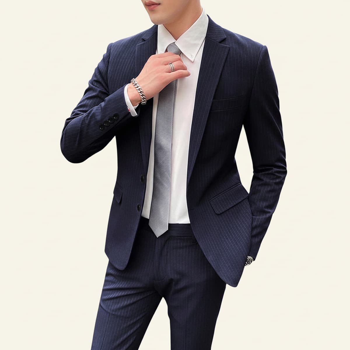 Foreign trade men's navy blue striped handsome groom wedding dress suit cross-border men's suit corporate professional wear