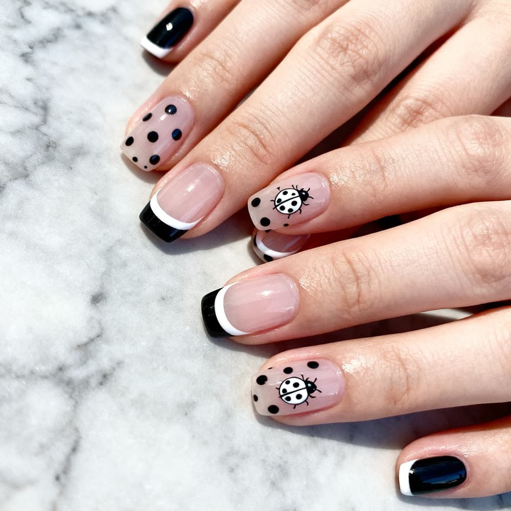 Black and White French Polka Dot Ladybug Press-On Nails, Sweet and Cool Cute Short Square Nail Tips, Simple Manicure, Commuter-Ready Finished Fake Nails