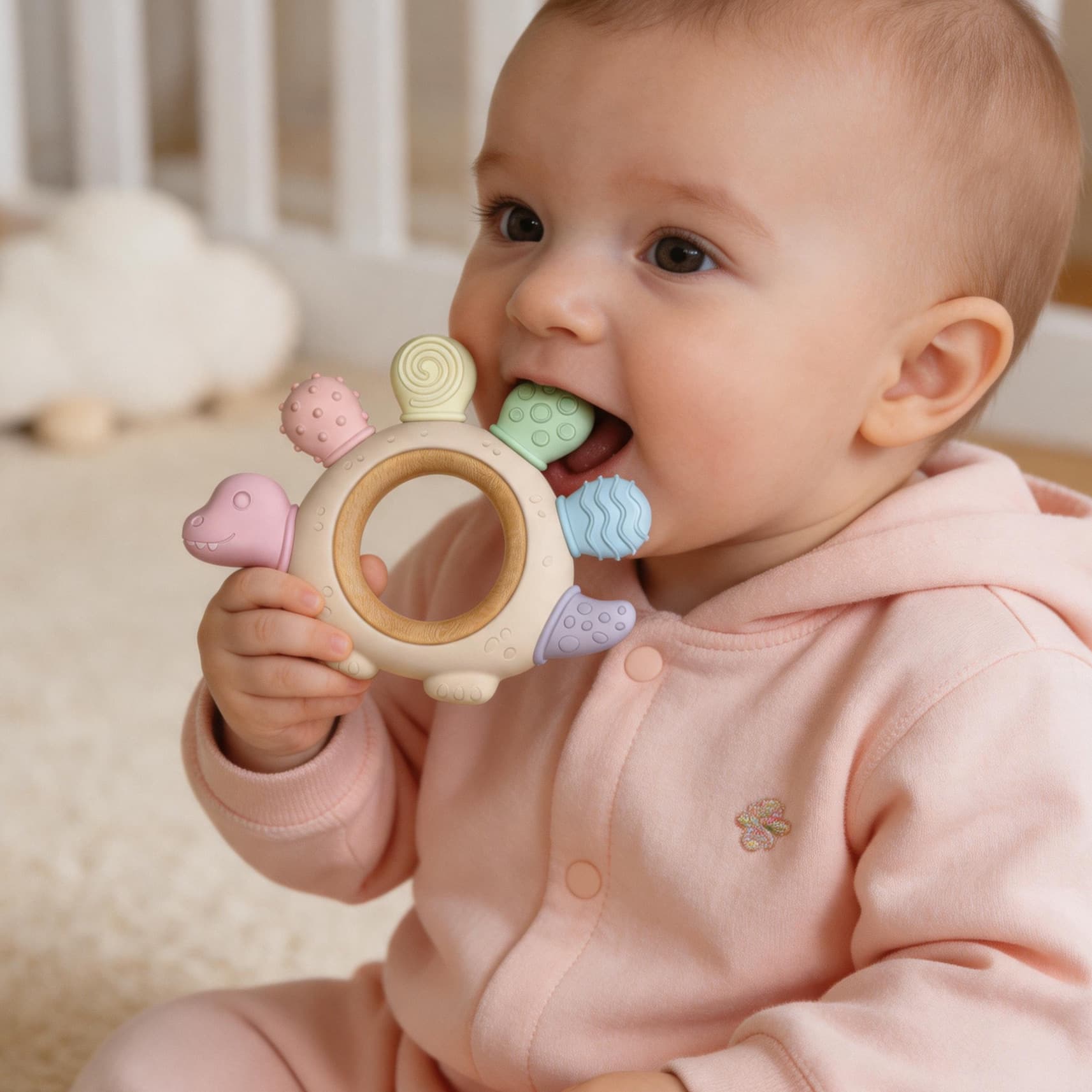 Silicone Baby Teether Dinosaur Shaped Teething Stick Anti-Biting Hand Soothing Chew Toy Beech Wood Teether for Infants
