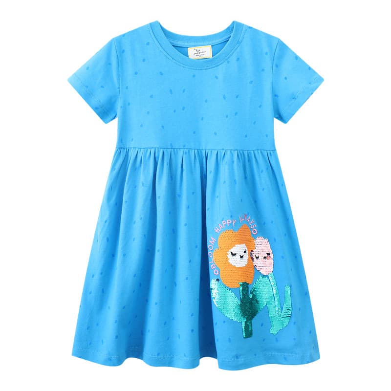 Girls' European Style Cartoon Sequin Embroidery Princess Dress Summer New Arrival Short Sleeve Soft Cotton Children's Dress