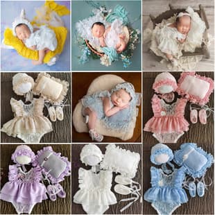 Kids Baby Newborn Lace Princess Dress Photography Outfit, 100 Days Half Year Hat Pearl Headband Pillow Set